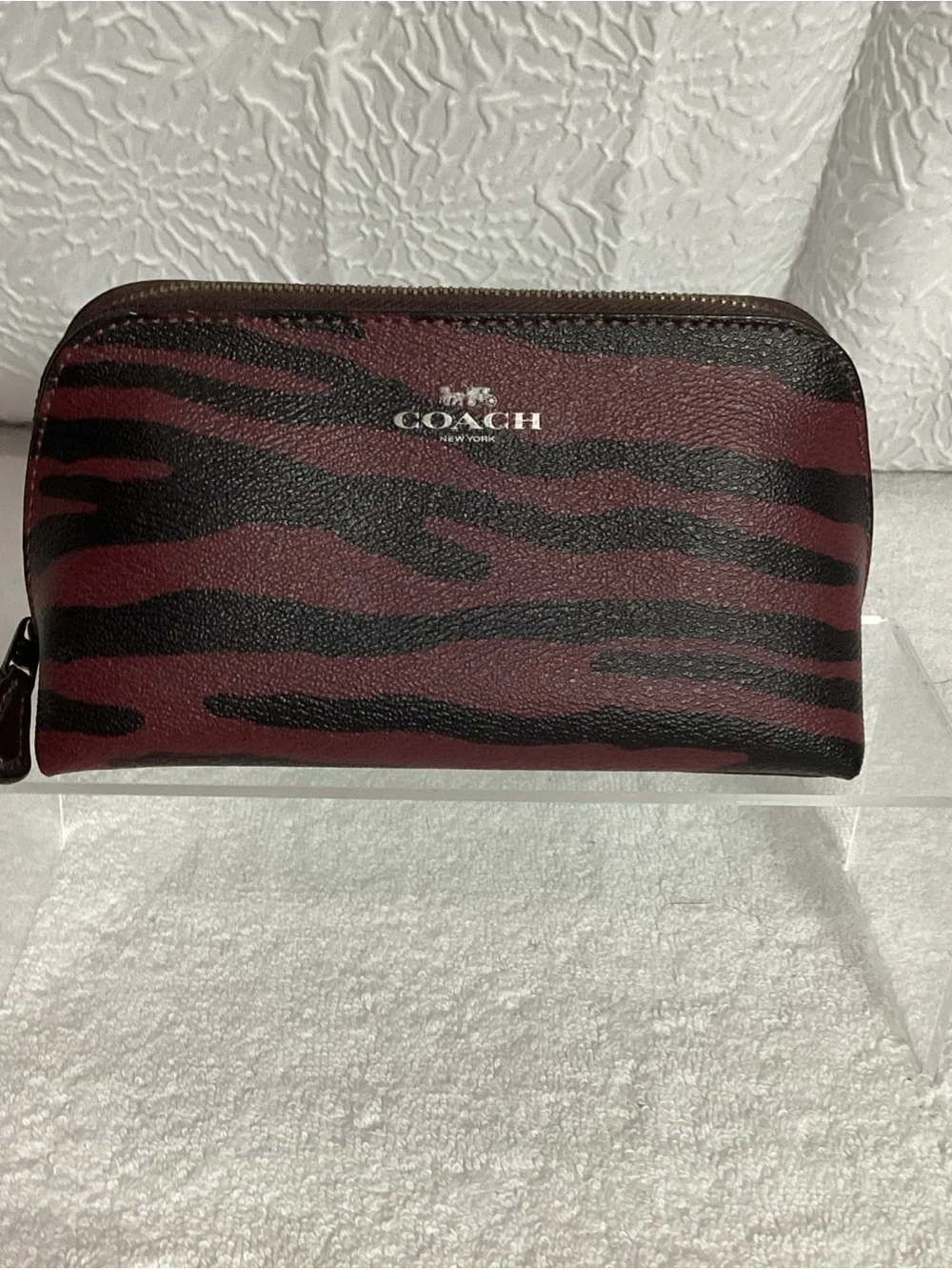 COACH Oxblood Zebra Striped Coated Canvas Zip Cosmetic Bag Pouch